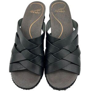 Dansko Womens Black Leather Strappy Wedge Sandals Size 40 Braided Trim